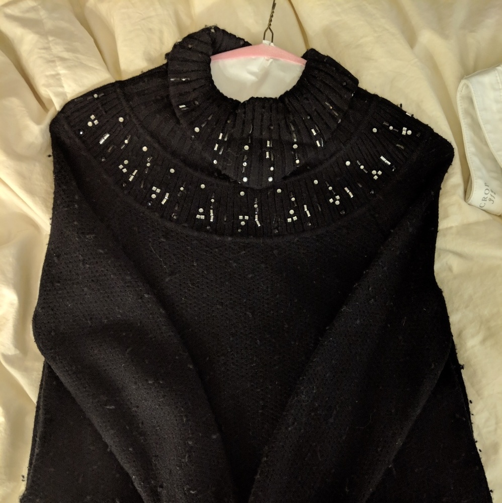WHBM Black Turtleneck Sweater w Rhinestone Detail